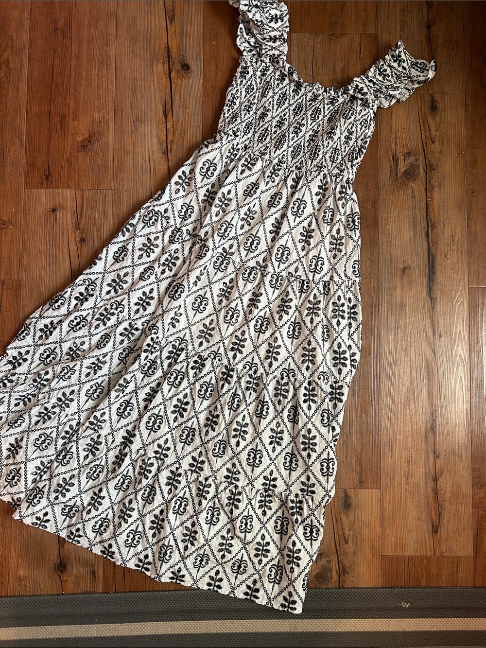 Black & White Cotton Smocked Maxi Dress with Ruffle Straps